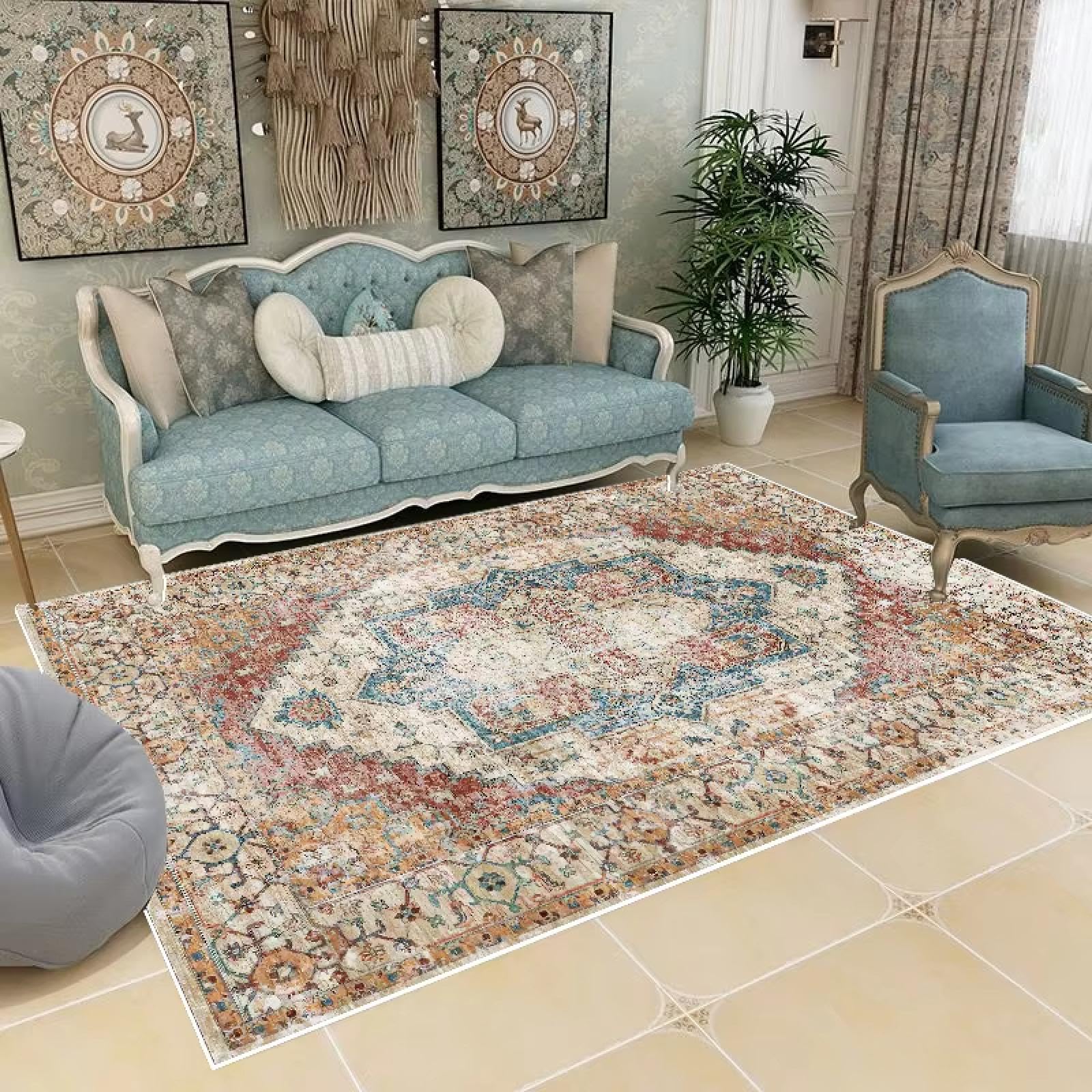 Tapis rétro bohème facile à nettoyer pour grands espaces intérieurs