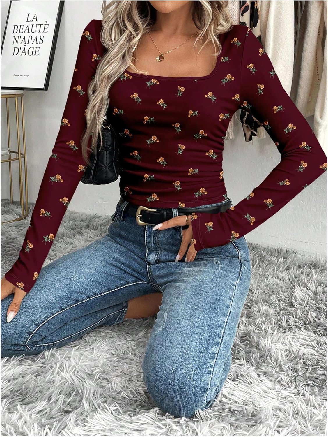 Women's Floral Tops Slim Fit Square Neck Long Sleeve T Shirts Elegant Fall Tops - Image 5