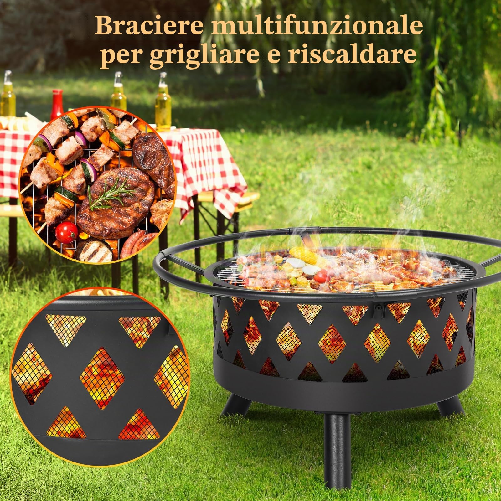 TLSUNNY Braciere con Griglia, Grande Braciere da Giardino con Parascintille & Attizzatoio, Ø 80 cm Bracieri da Esterno per Barbecue, Multifunzionale, Barbecue e Riscaldamento