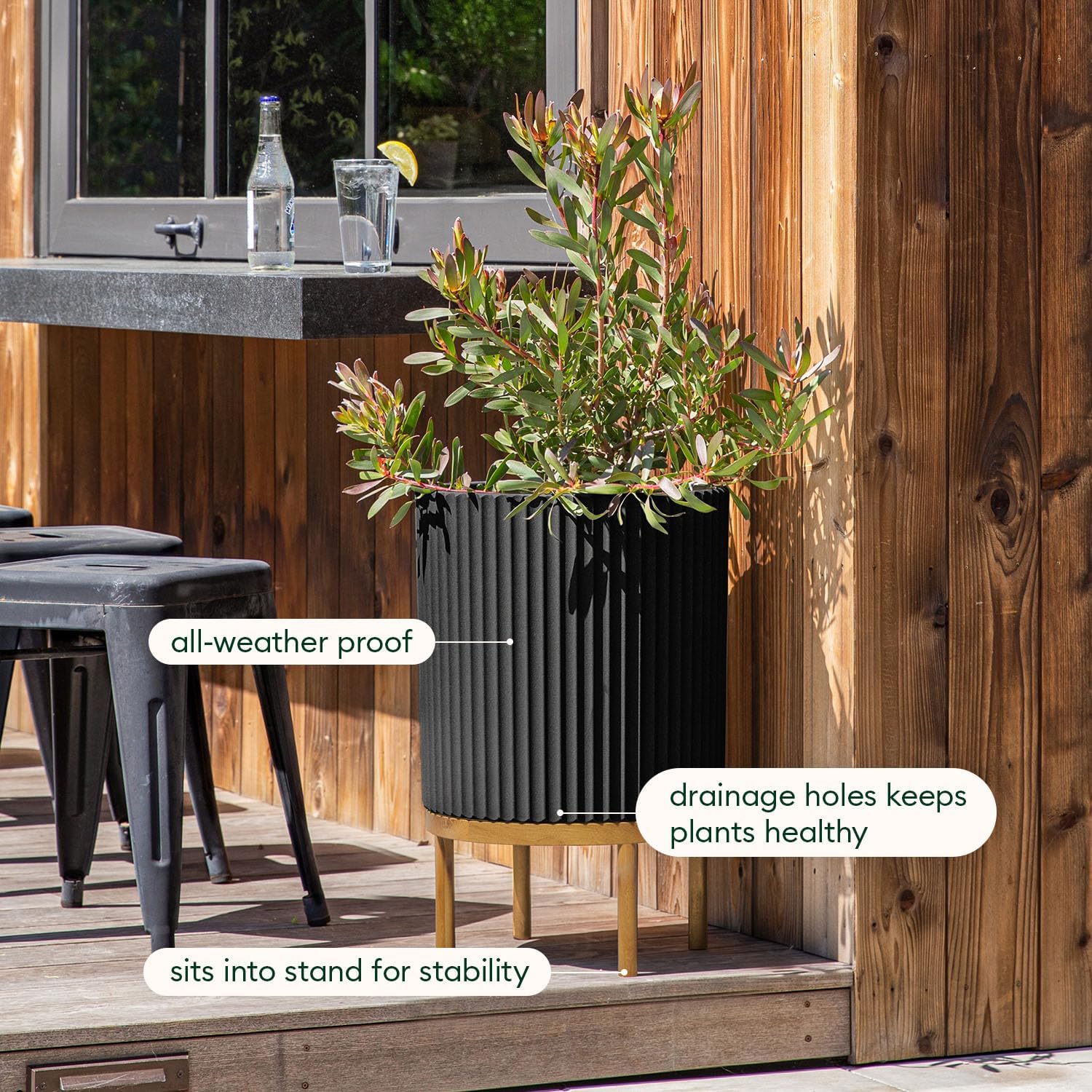 Veradek Demi Series Round Planter w/ Stand for Porch/Patio | Durable Plastic-Concrete & Wooden Stand | Modern Décor for Tall Plants, Flowers