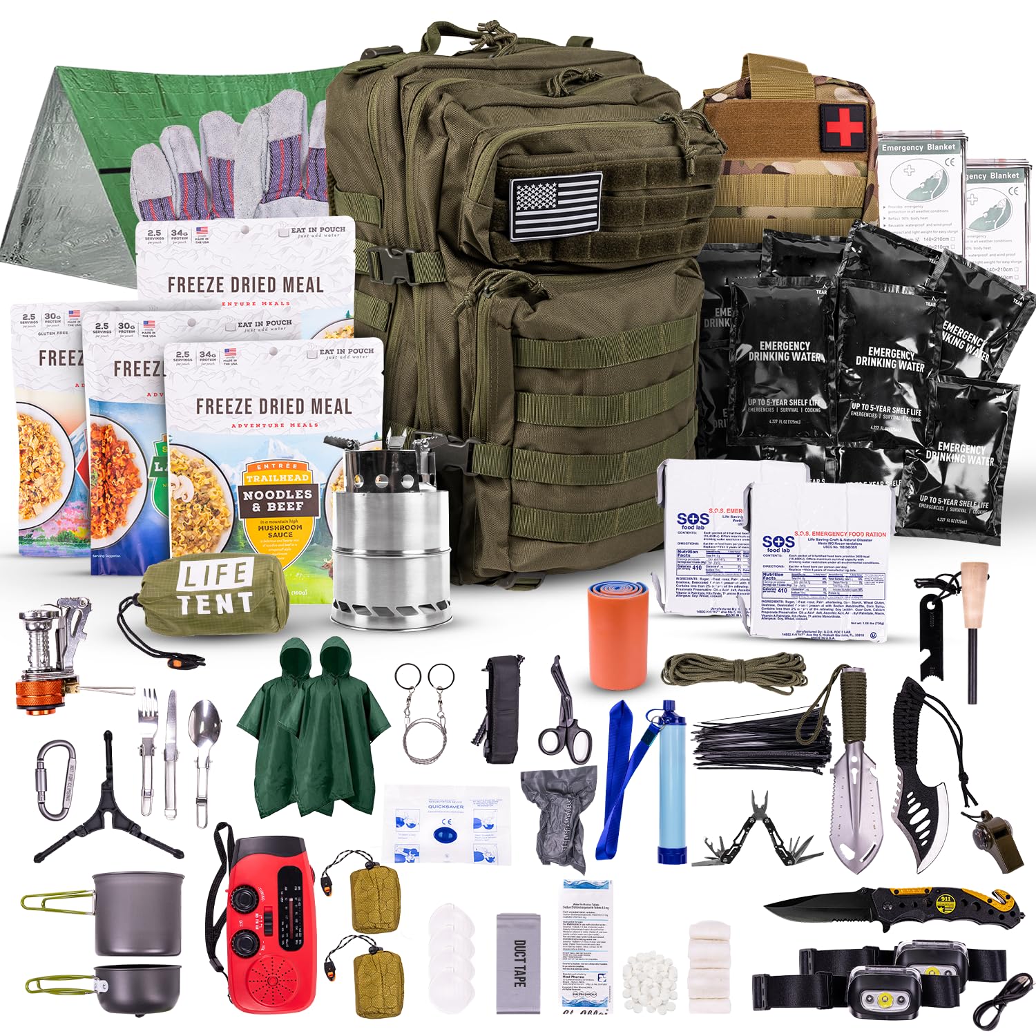 72-Hour Survival Kit | 45L Bug Out Bag | Survival Gear with First Aid, Water Filter, Food, Tools | Camping, Hiking, Outdoor Preparedness Equipment