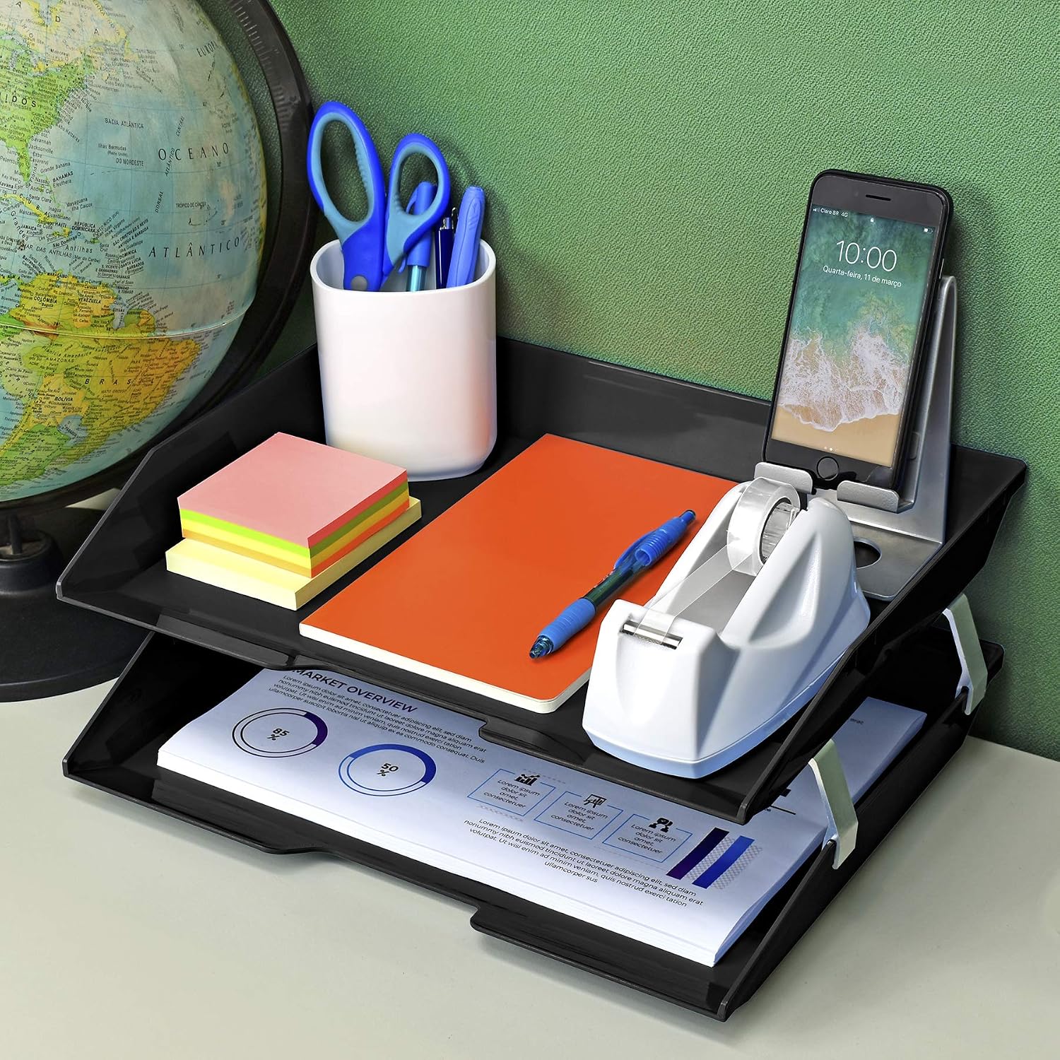 Acrimet Facility 2 Tier Letter Tray Side Load Plastic Desktop File Organizer (Black Color)