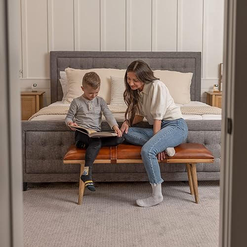 Miniatura 5 de Banco de madera moderno de mediados de siglo, banco de cuero, banco de entrada, vestíbulo para entrada con cojín de cuero genuino, estético rústico,