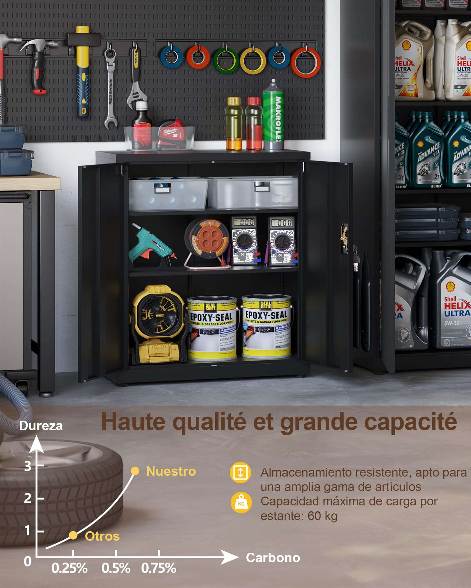 LAND·VOI Armoire en Acier 3 Niveaux avec Serrure Étagères Réglables Portes Battantes Armoire de Bureau Rangement Métallique pour Bureau Garage Cuisine Atelier 80×40×91.5 cm Noir