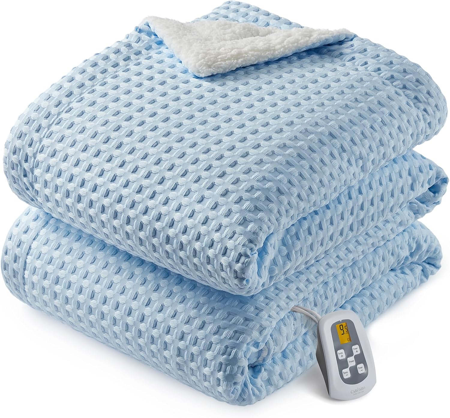 CAROMIO Heated Blanket Twin Size, Waffle Weave Electric Throw Blanket Fast Heating with LCD Controller, 10 Heat Levels & 1-12H Time Settings Auto Off, ETL Certified, Light Blue, 62" x 84"