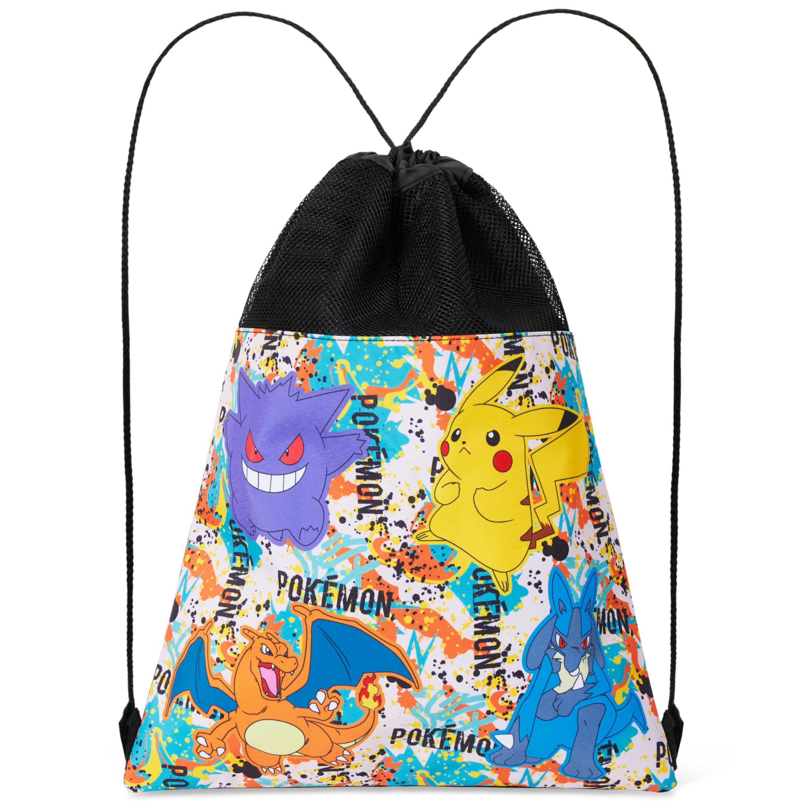 Pokemon Drawstring Bags for Kids Teens, Pikachu Swimming Bag String Bag Backpack for School PE Bag Travel Beach Holiday Sports Gym Bag (Black/Multi)
