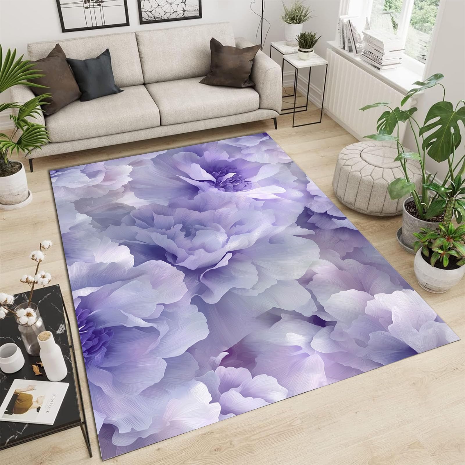 Tapis lavable 200x300 cm violet lavande à motif de pivoine pour salon et chambre