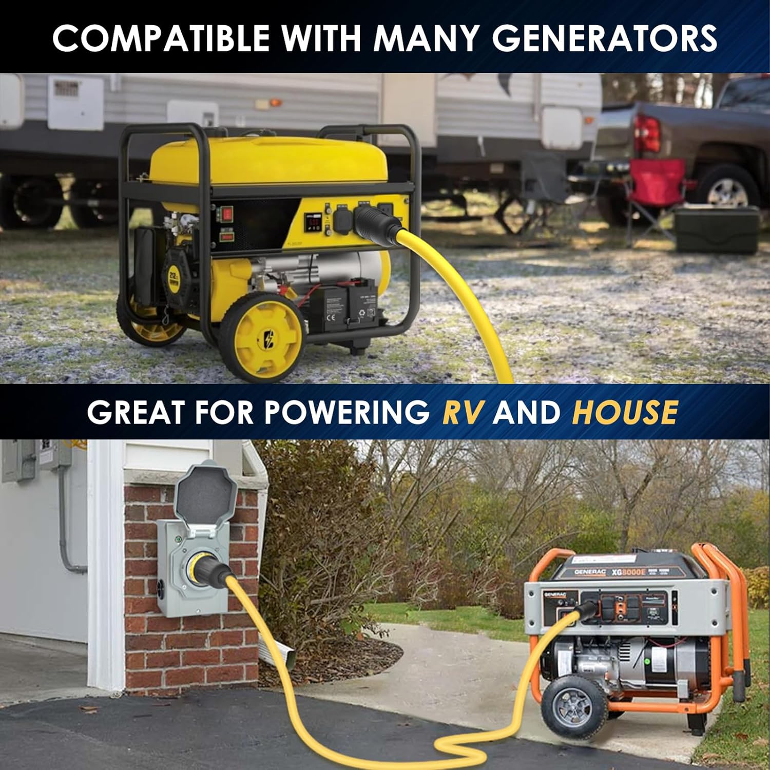 30 Amp 4 Prong Generator Cord and 30 Amp Pre-Drilled Inlet Box Heavy Duty NEMA L14-30 SJTW 125/250V 7500W 10 Gauge House Power ETL Listed 50FT Extension Cord Blackout Emergency Hurricane