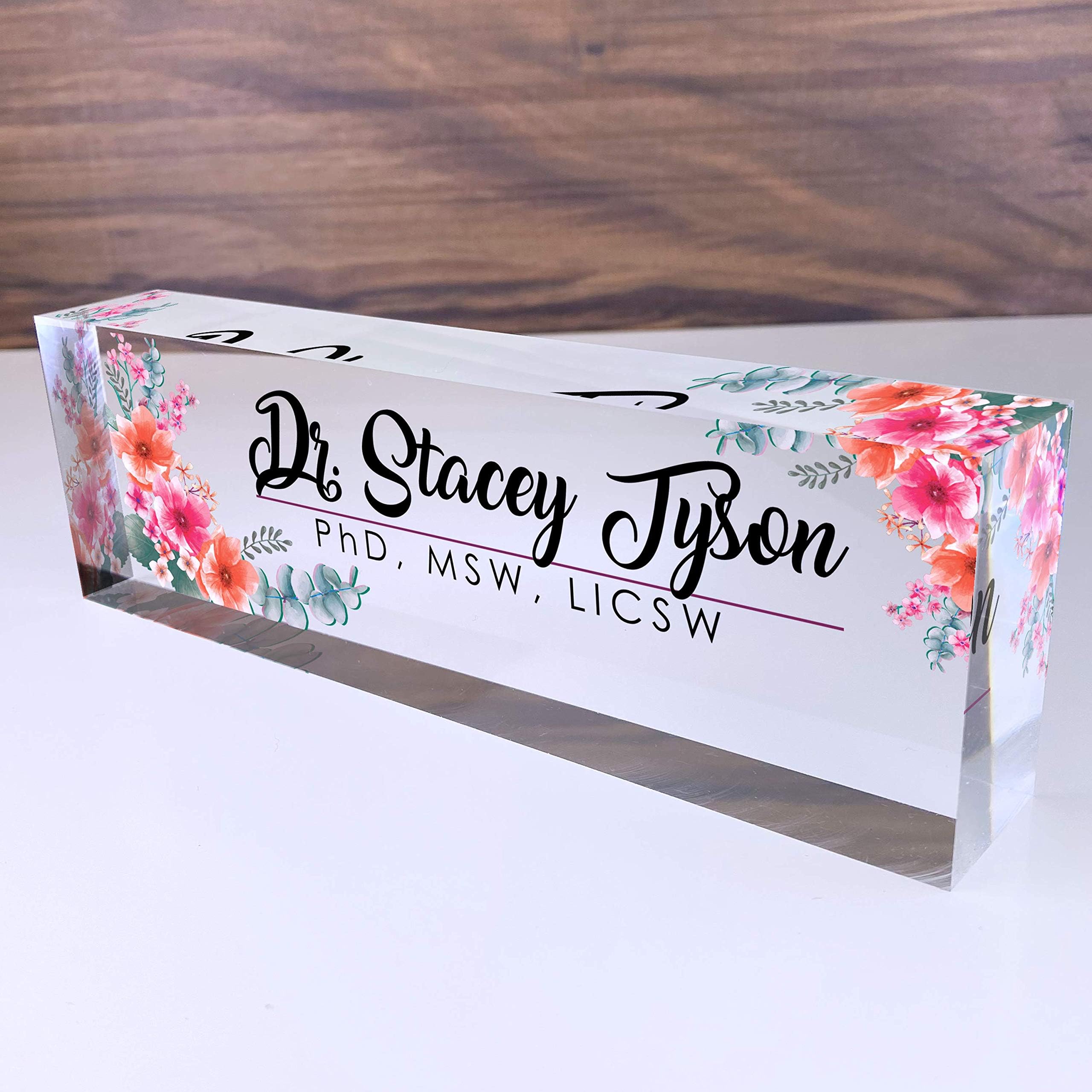 Artblox Office Desk Name Plate Personalized | Custom Name Plates for Desks | Flowers Wild Design On Clear Acrylic Glass | Office Desk Decor - (8" x 2.5")