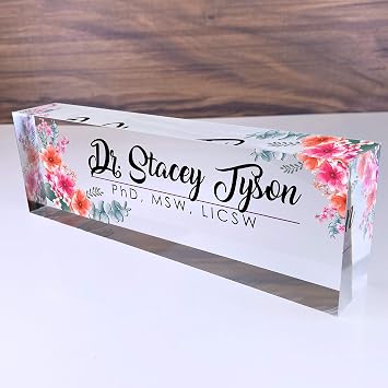 Artblox Office Desk Name Plate Personalized | Custom Name Plates for Desks | Flowers Wild Design On Clear Acrylic Glass | Office Desk Decor - 8" x 2.5"