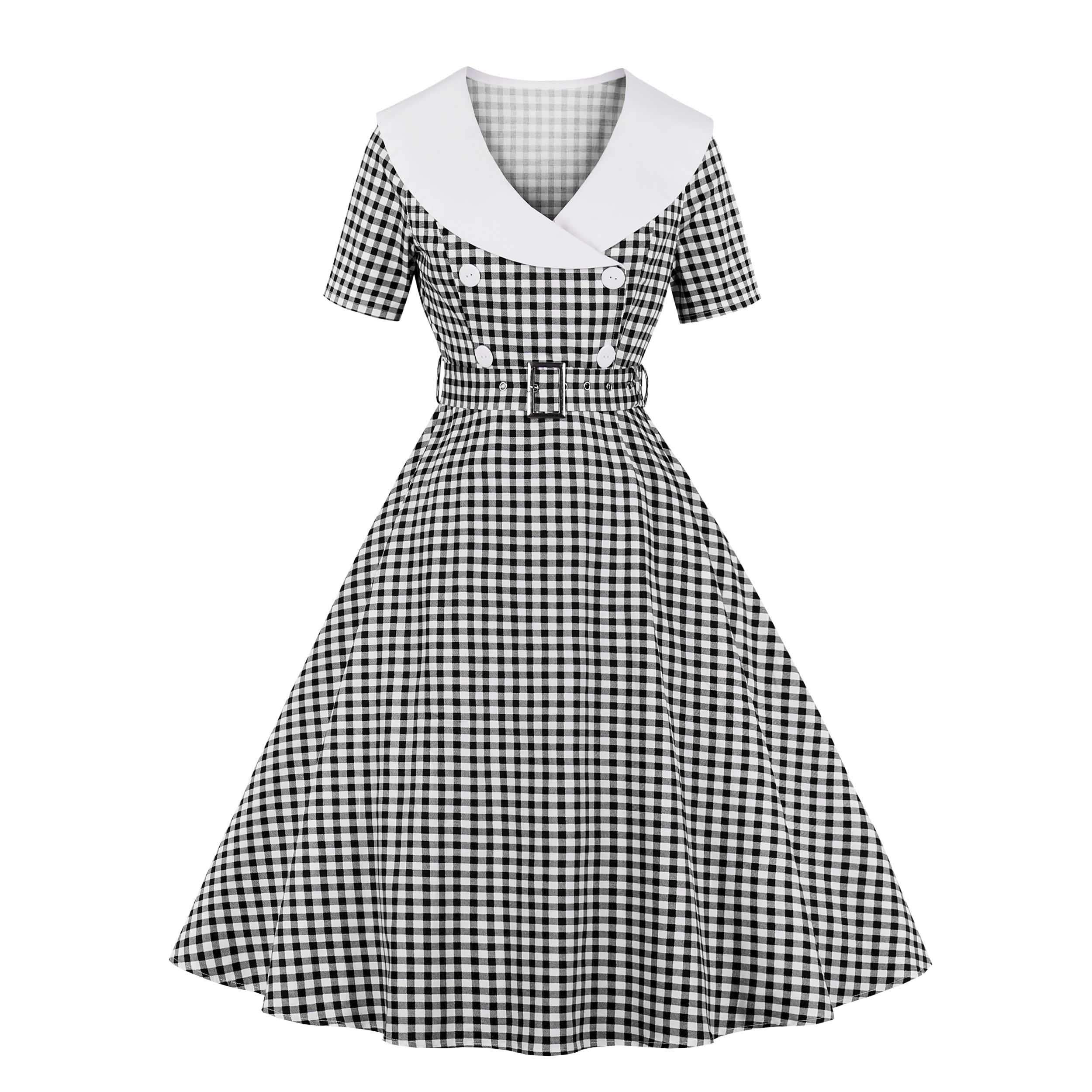 Women's Lapel V Neck Plaid Pocket 1940s 1950s Vintage Swing Dress