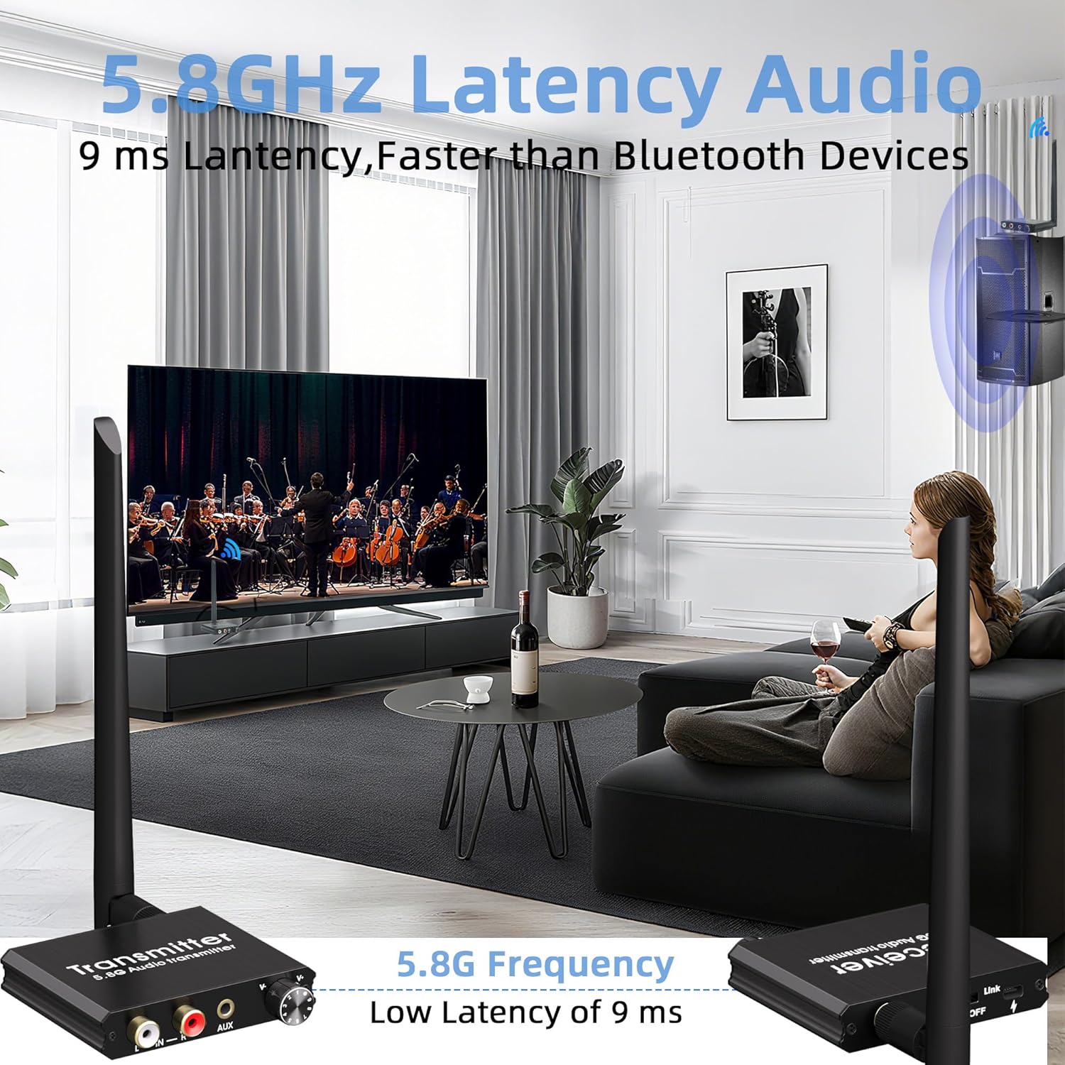 5.8GHz Wireless RCA AUX Audio Transmitter Receiver for TV Pojector,164Ft,9ms Latency, Volume Contral Knob, Used for TV Pojector to Activer Speaker Soundbar AMP