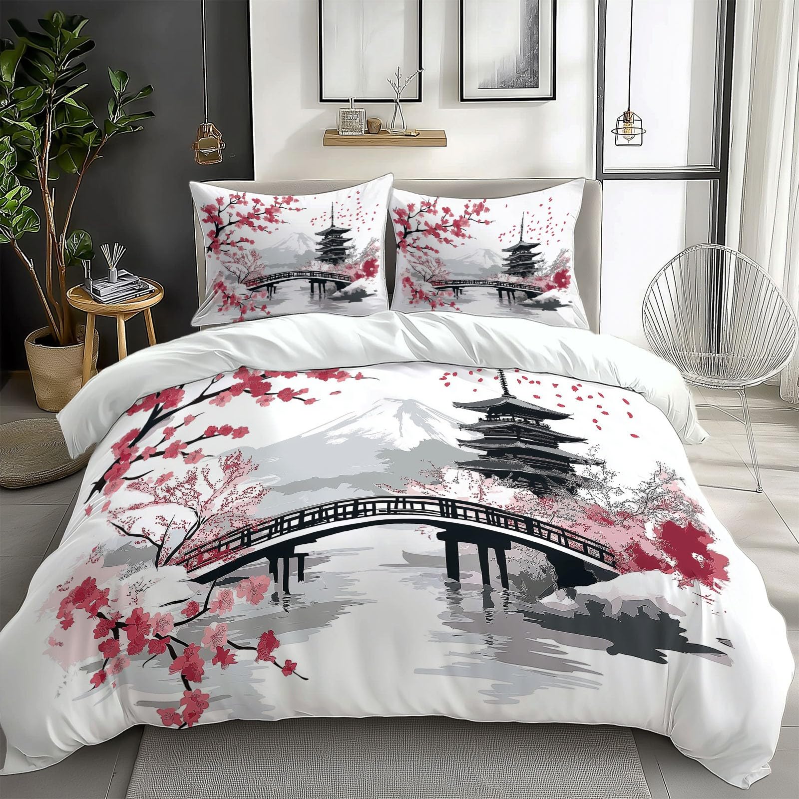 Japanese Style Single Duvet Cover Set, Japanese Style Ink Painting Reversible Printed Duvet Cover 135 x 200 cm - Easy Care Quilt Covers - Soft Breathable Autumn Bedding Set for Teens Girls Boys Kids