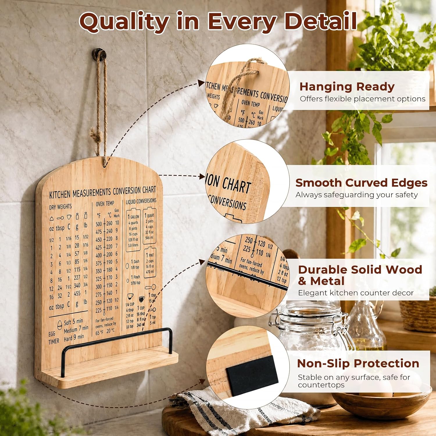 Cookbook Stand for Kitchen Counter, Solid Wood Adjustable with Built-in Kitchen Conversion Chart, Recipe Book Holder for iPad Tablet Cookbooks, Foldable & Portable with Non-Slip Base