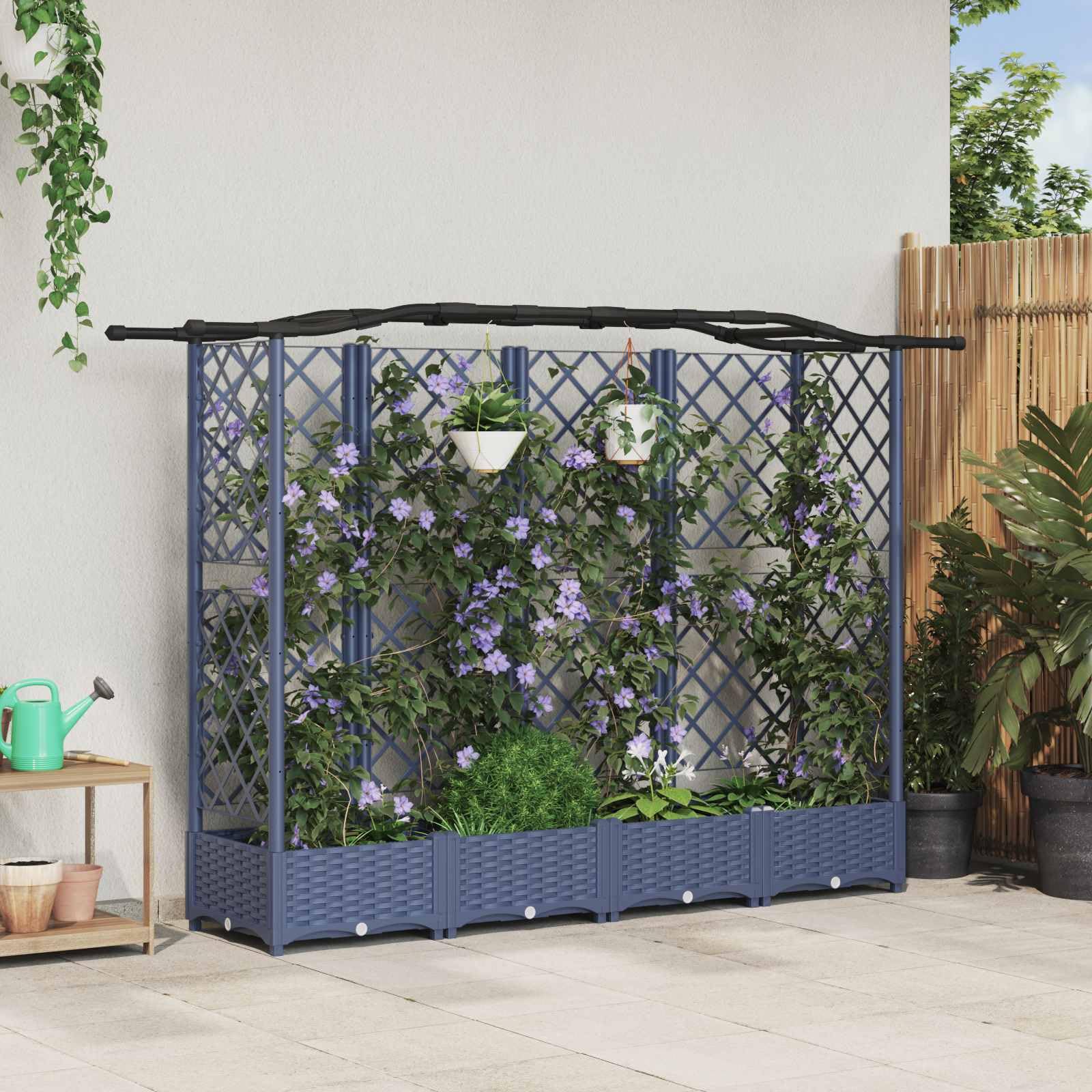 Podwyższone łóżko Polipropylen Szary 203,5 x 40 x 125 cm | Z kratą i dachem, zintegrowany drenaż, do pnącza, patio lub balkonu