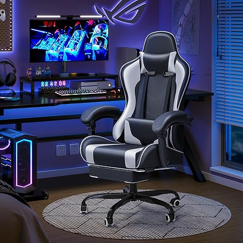 Miniatura 7 de JUMMICO Silla ergonómica para videojuegos con reposapiés y soporte lumbar de masaje, silla de videojuegos de altura ajustable con asiento giratorio