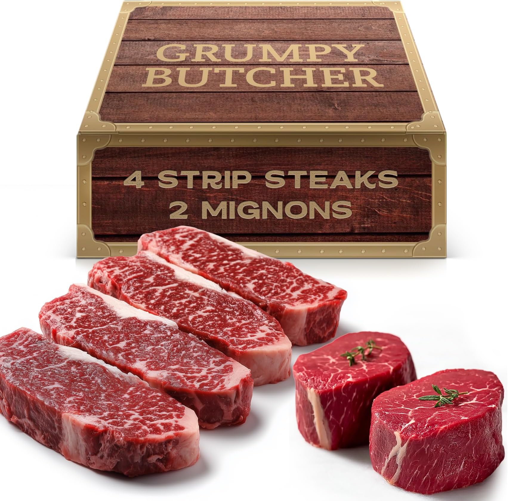 Grumpy Butcher 6 Steaks Sampler Set Gift Box: 2 Large Filet Mignon Steak & 4 New York Strip Steaks - Prime Steakhouse Quality - Gourmet Food Gifts Packages Specials Carne Asada