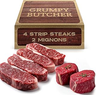 Grumpy Butcher 6 Steaks Sampler Set Gift Box: 2 Large Filet Mignon Steak & 4 New York Strip Steaks - Prime Steakhouse Quality - Gourmet Food Gifts Packages Specials Carne Asada