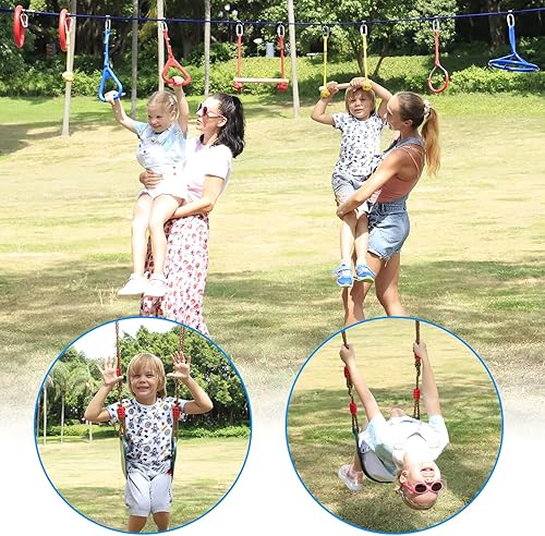 Miniatura 6 de Carrera de obstáculos de guerrero para niños de 50 pies línea elástica Yoassi Warrior con columpio escalera de cuerda rueda colgante hará que tus