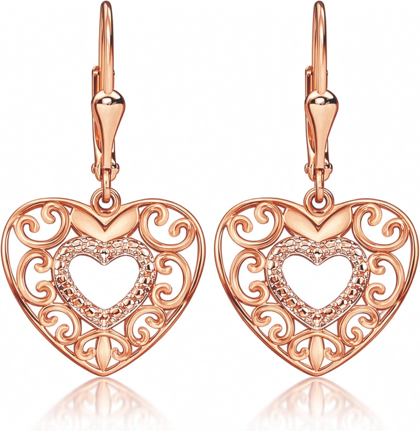 14K Gold Plated Sterling Silver Heart Earrings for Women - Drop Dangle Filigree Earrings for Women - Fashion Cute Jewelry Anniversary Birthday Christmas Gifts for Her