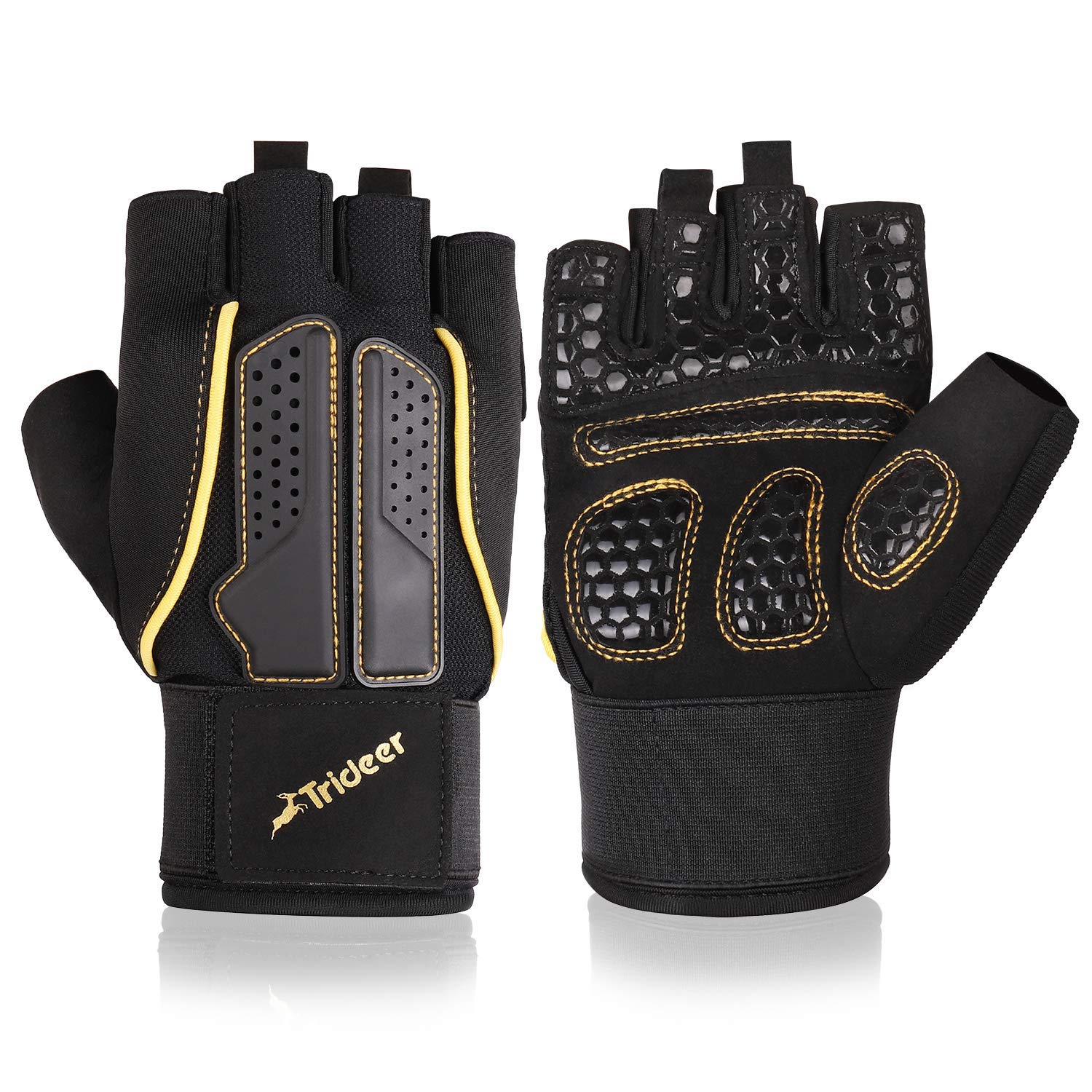 Trideer Atmungsaktivem Fitness Handschuhe Trainingshandschuhe mit Mehrfarbig Linie, Adjustable Handgelenkstütze und Safe Geleinlage Grip für Wodies Gewichtheben Bodybuilding Damen Herren (Golden, M) Sport & Freizeit