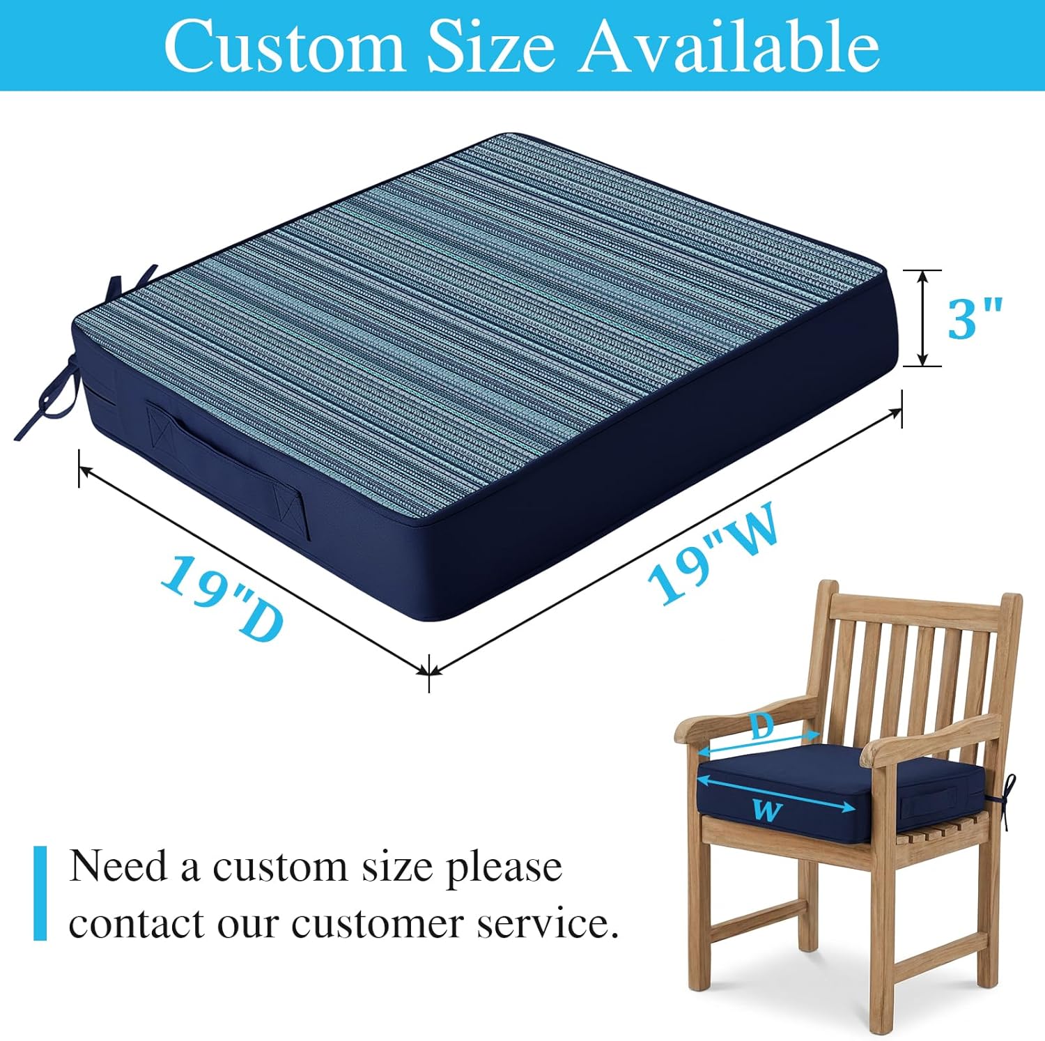 Amagenix Outdoor Chair Cushions Set of 2, 19"x19"x3" Waterproof Outdoor Seat Cushions for Patio Furniture, Stripe Reversible Patio Cushions with Ties & Handle & Hidden Zipper, Fade-Resistant,Navy Blue