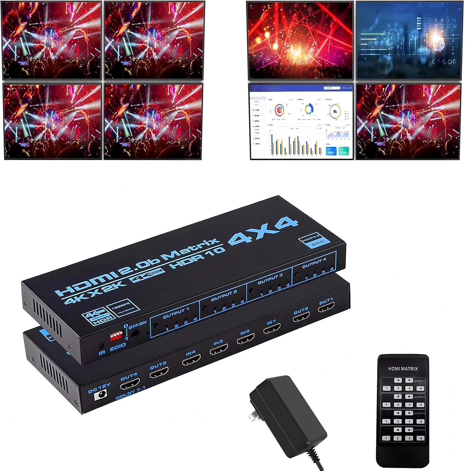 Explosive HDMI 2.0 4k Matrix switcher 4X4 Switching Distribution 4 into 4 Out HDMI Matrix Video Switch Splitter HD 4K@60Hz Support IR Control 3D, EDID, Blu-Ray DVD with LED Lights for LCD TV Walls et
