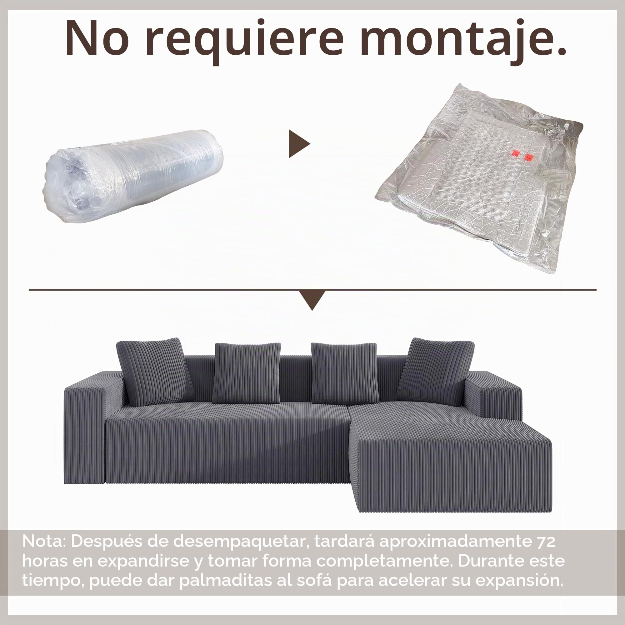 Bladez Sofá esquinero en L de 4 plazas - Sofá modular de pana con chaise longue reversible, 6 cojines, espuma de alta densidad, patas de plástico, duradero y cómodo, para salón, apartamentos (gris + 3