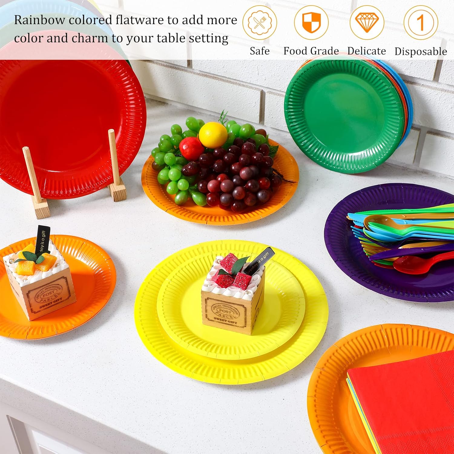 Karenhi 144 Pieces Rainbow Party Supplies Includes 7 Inch 9 Inch Paper Dinner Plates Colorful Cocktail Napkin Plastic Spoons Forks Knives Serve for 24 Guests Birthday Wedding Decoration Party Supplies
