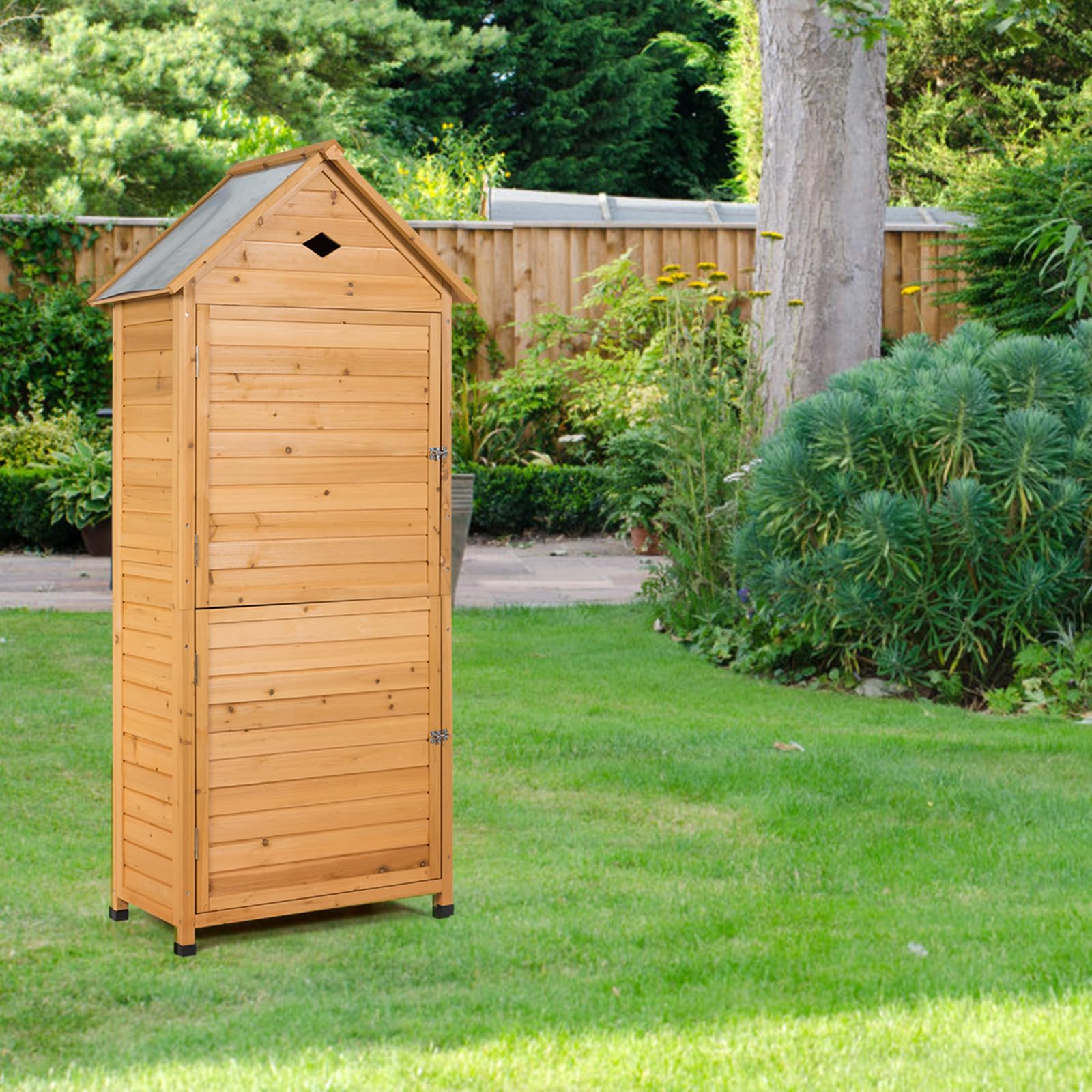 KOMFOTTEU Cobertizo de Madera para Jardín, Caseta para Almacenaje de Herramientas, Armario Jardín Exterior con Techo Inclinado Galvanizado, Resistente a la Intemperie, 80 x 35 x 177 cm