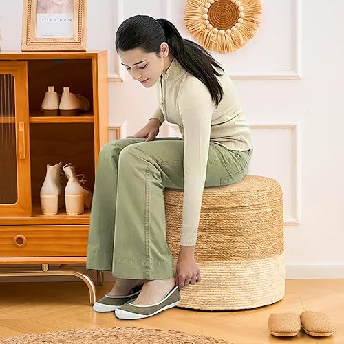Miniatura 67 de Wimarsbon Puf otomano de 18 pulgadas, puf trenzado natural, puf rústico de tejido a mano, taburete reposapiés bohemio para dormitorio, mesa Cáscara