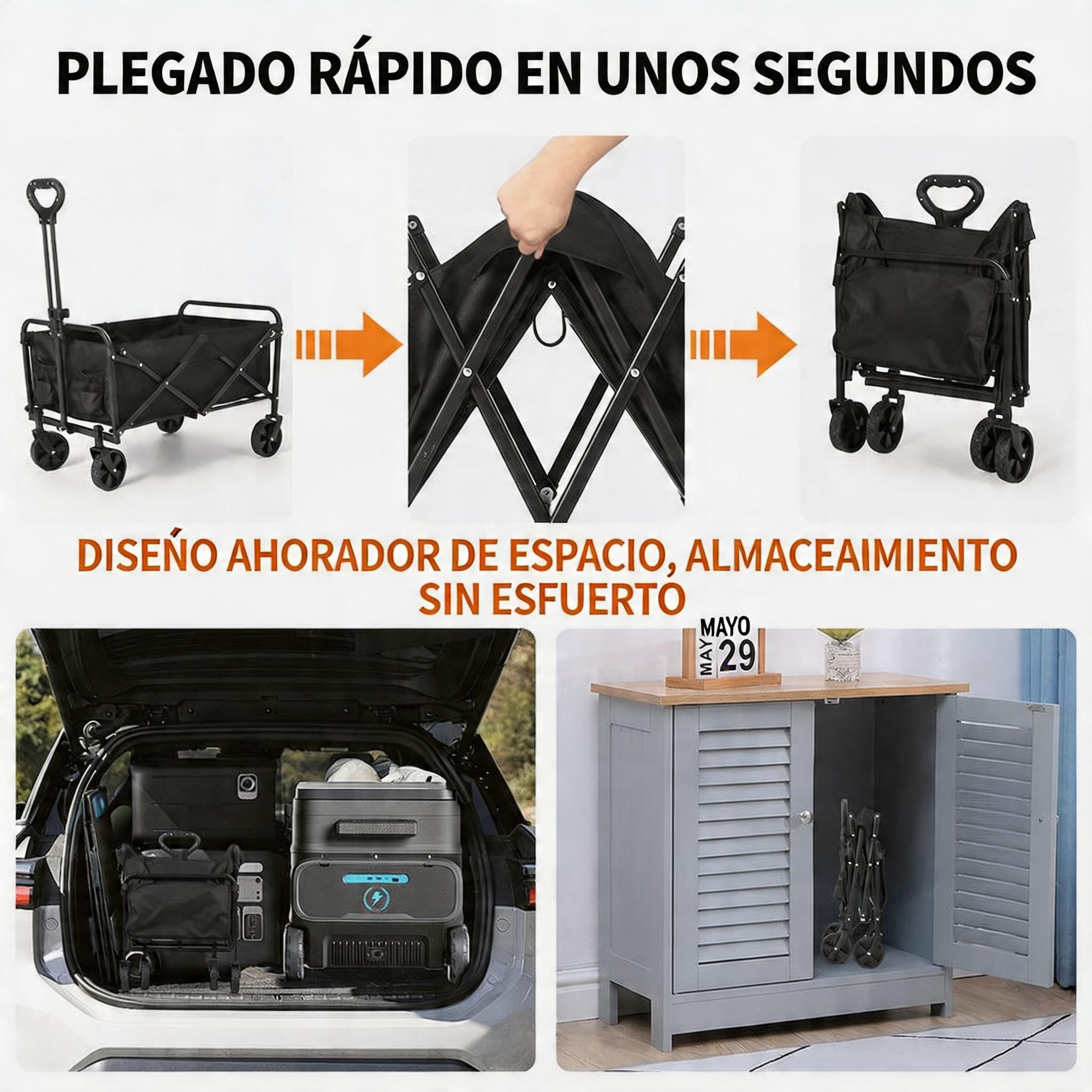 Carro Plegable con Ruedas Grandes Todoterreno - Carro Playa con Carga Máxima de 172 kg - Ideal para Playa, Jardín y Camping - Asa Ajustable - Transporte de Herramientas o Juguetes - Negro