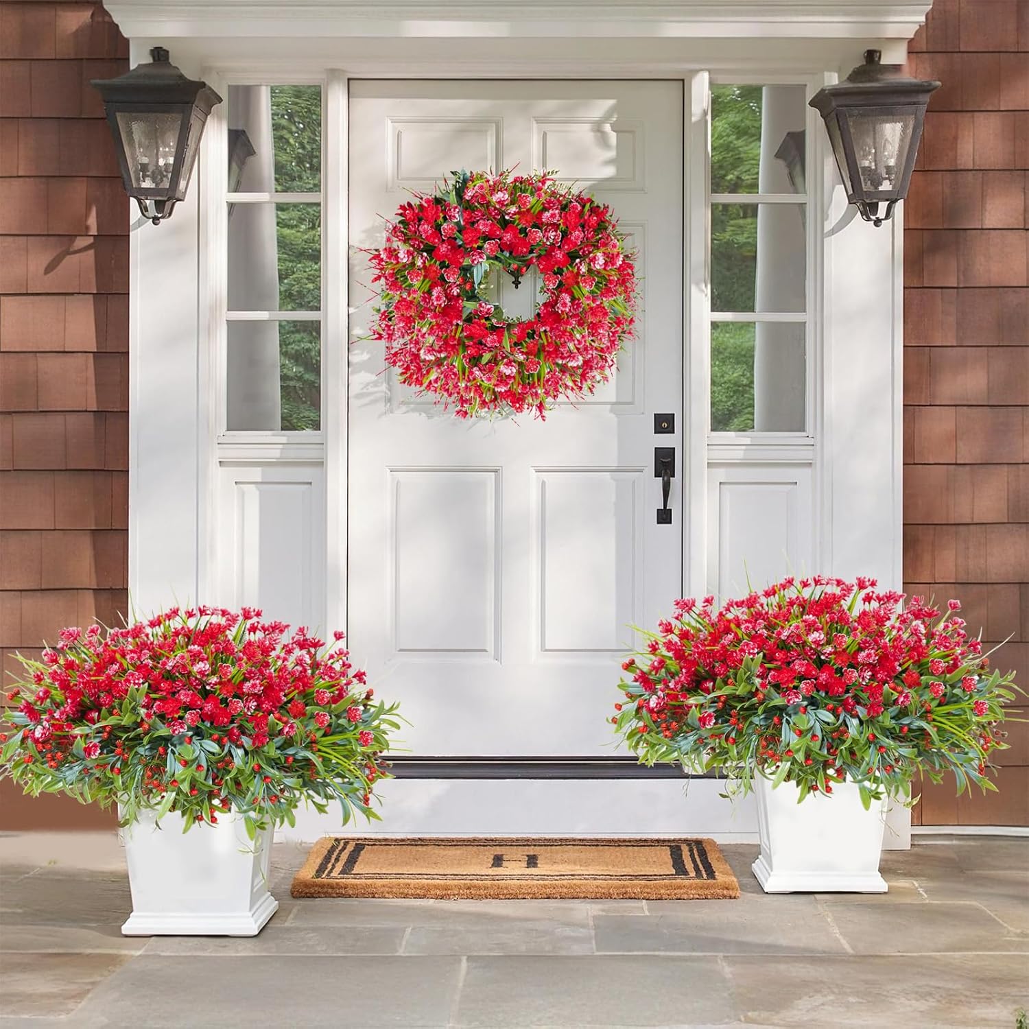 36 Pcs Artificial Flowers for Outdoor, UV Resistant Outdoor Fake Plants Faux Plastic Flowers Shrubs for Outside Garden Patio Porch Window Box Spring Summer Decor (Mixed Red)