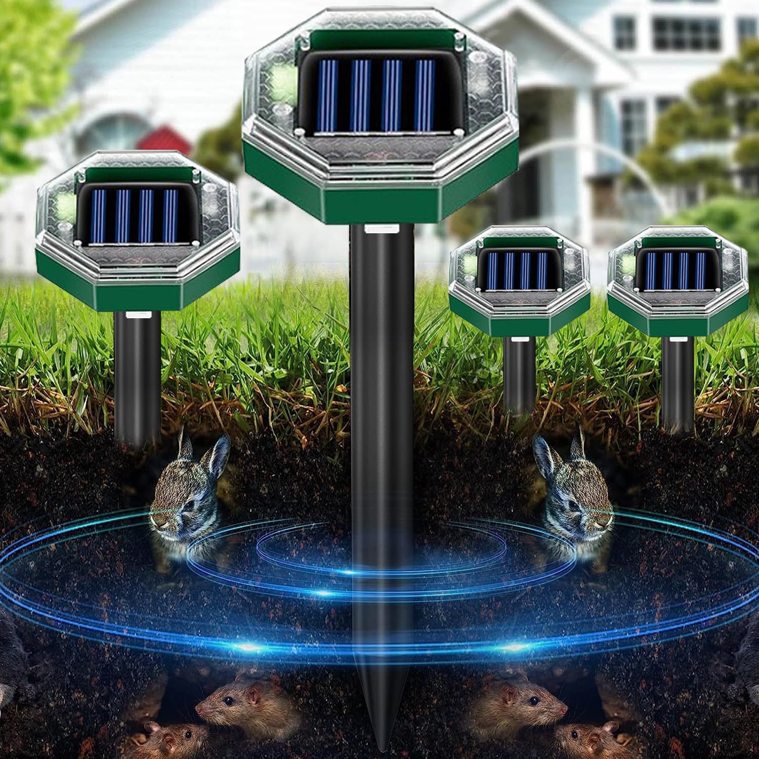 Kimroxi 4 Pack Solar Powered Mole Repellent Waterproof Gopher Scarer Ultrasonic Groundhog Repeller Outdoor Rat Deterrent for Snake Rodent Vole Garden Farm Orchard