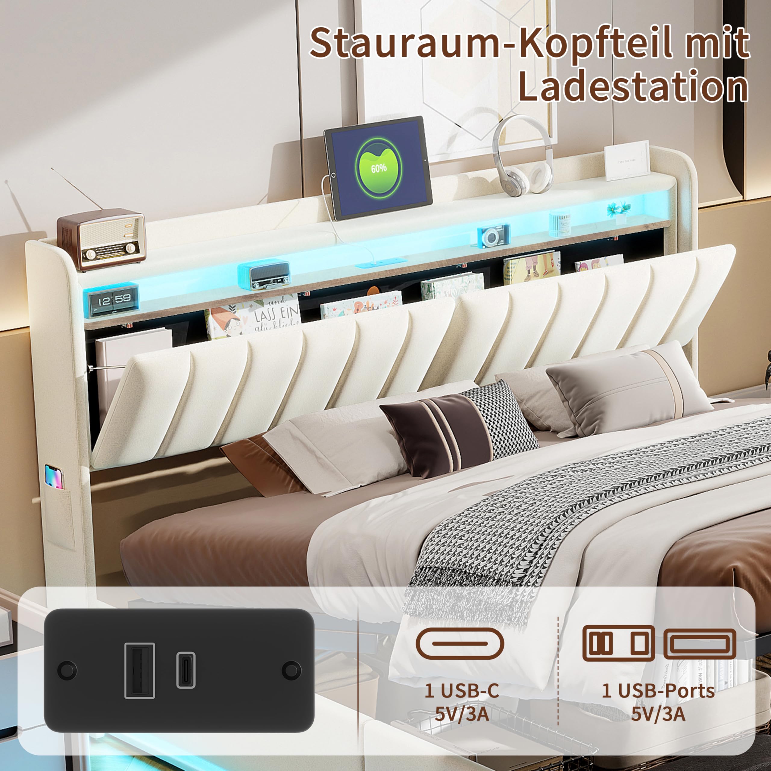 Letto matrimoniale 160 x 200 con luci a LED, letto imbottito con stoccaggio e caricatore letto con USB e luce LED telaio per letto idraulico con testiera in velluto (B velluto beige, 160 x 200 cm)