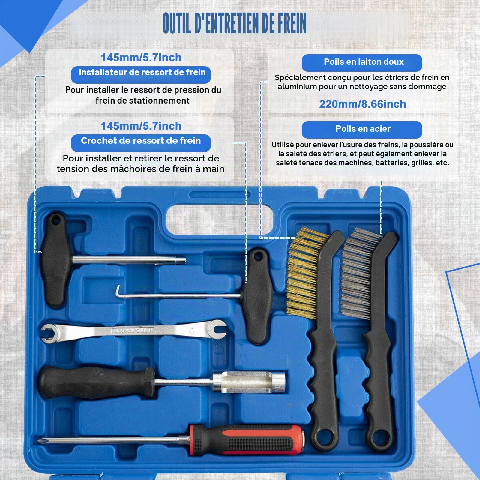 Lot de 15 outils pour tambour de frein de voiture - Kit d'outils de changement et de nettoyage pour systèmes de frein à disque et tambour - Montage d'atelier