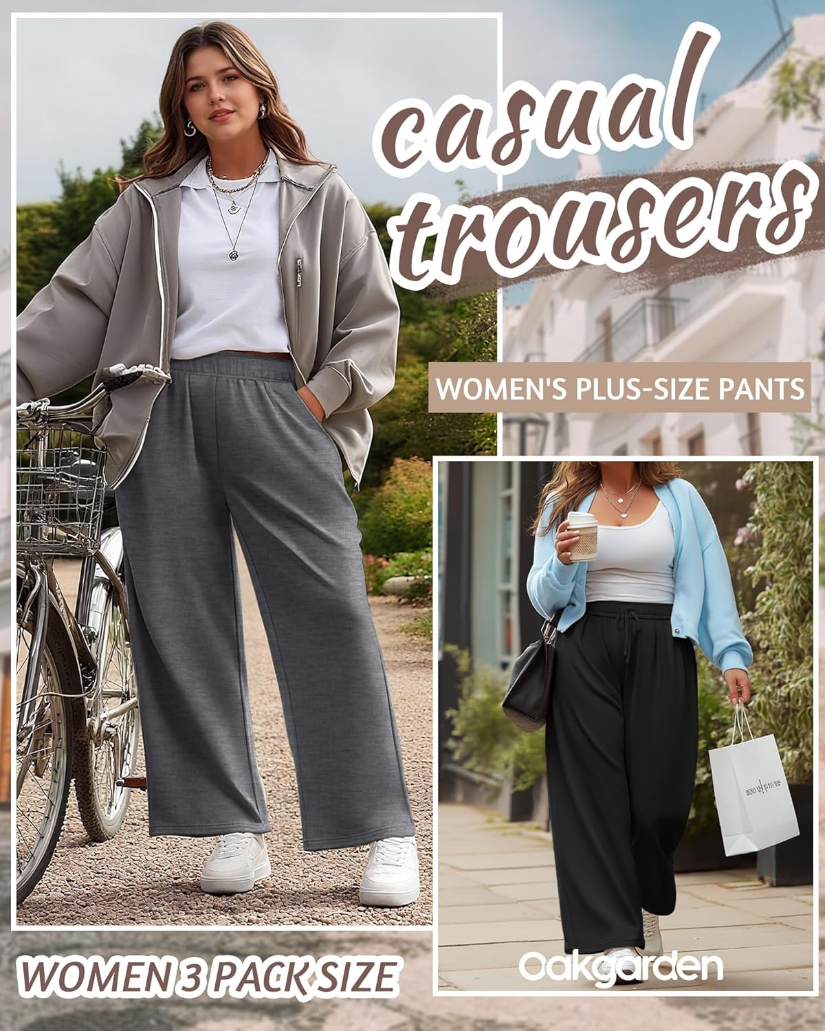 3 Pack Women's Plus Size Sweatpants Casual Wide Leg Interior Drawstring High Waist Yoga Baggy Pants with Pockets