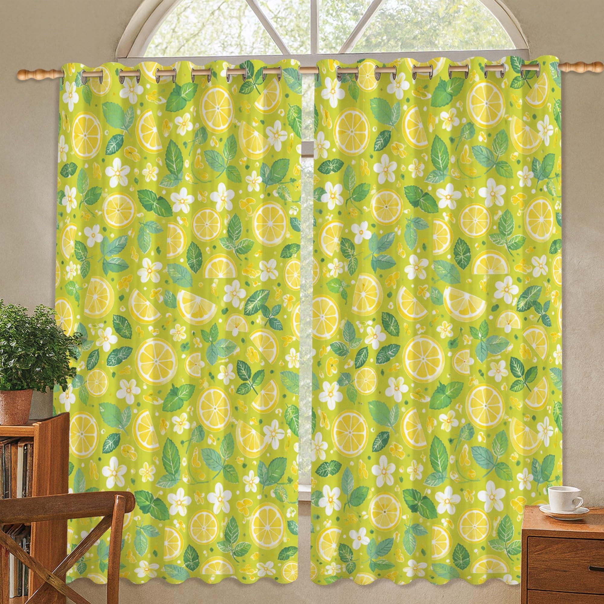 Rideaux occultants 106x114 cm jaune citron à motif feuilles tropicales