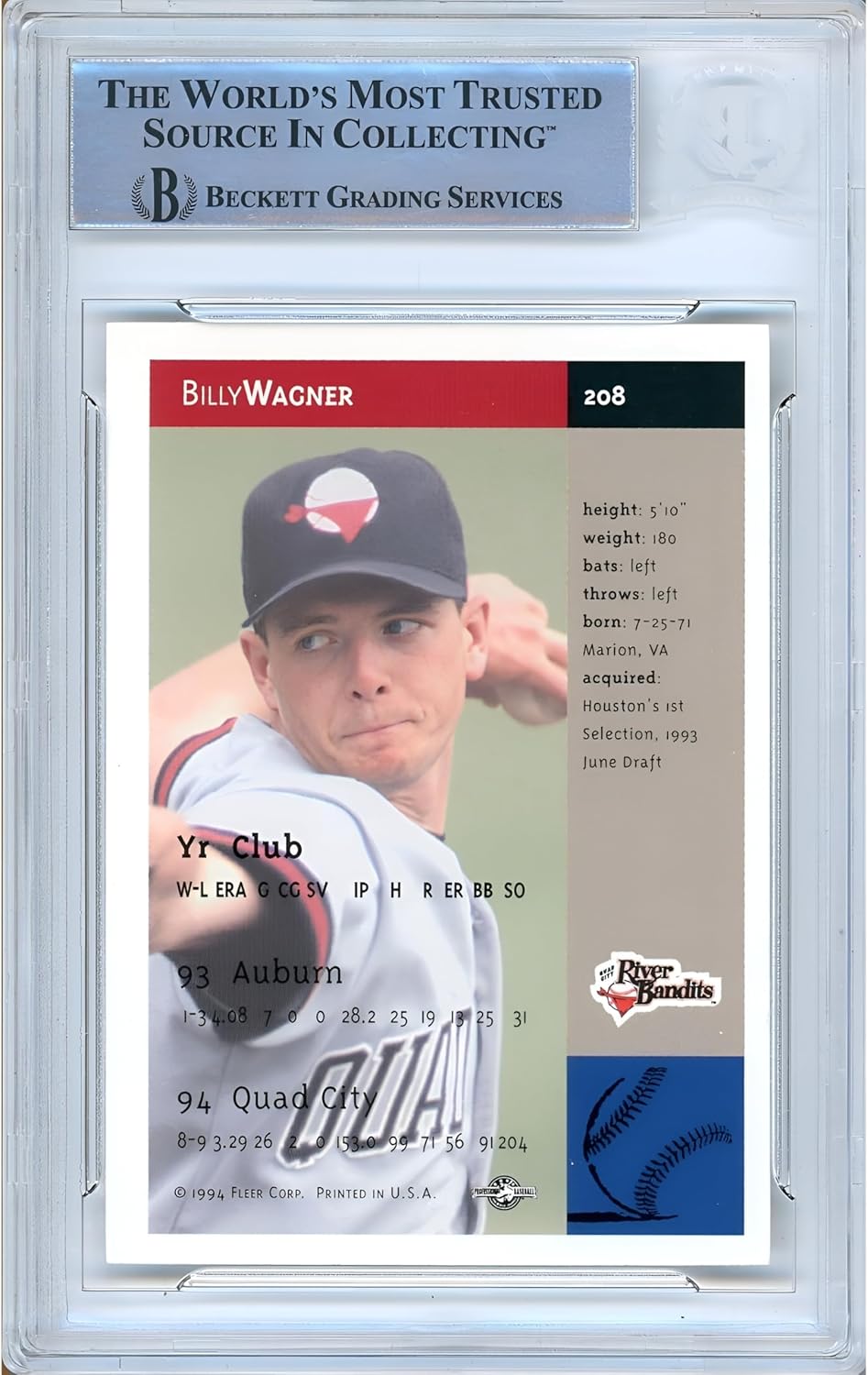 Billy Wagner Autograph 1994 95 Fleer Excel Rookie #208 Baseball Trading Card Slab Beckett BAS Authentic Slabbed COA Played For Houston Astros Memorabilia