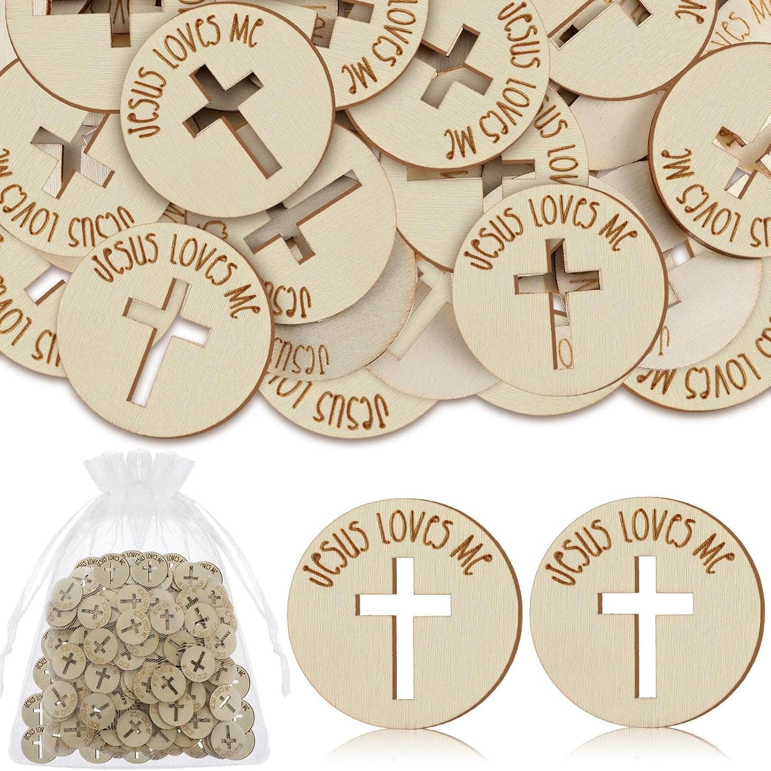 150 Pcs Jesus Loves You Tokens Wooden Christian Challenge Coin Sunday School Supplies VBS Prizes Religious Cross Prayer Pocket Token Sunday School Prizes Jesus Bible Verse Coins for Church Prayer VBS