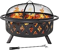 Sunnydaze 36-Inch Crossweave Wood Burning Fire Pit with Spark Screen, Poker & Cover - Black Steel Outdoor Patio