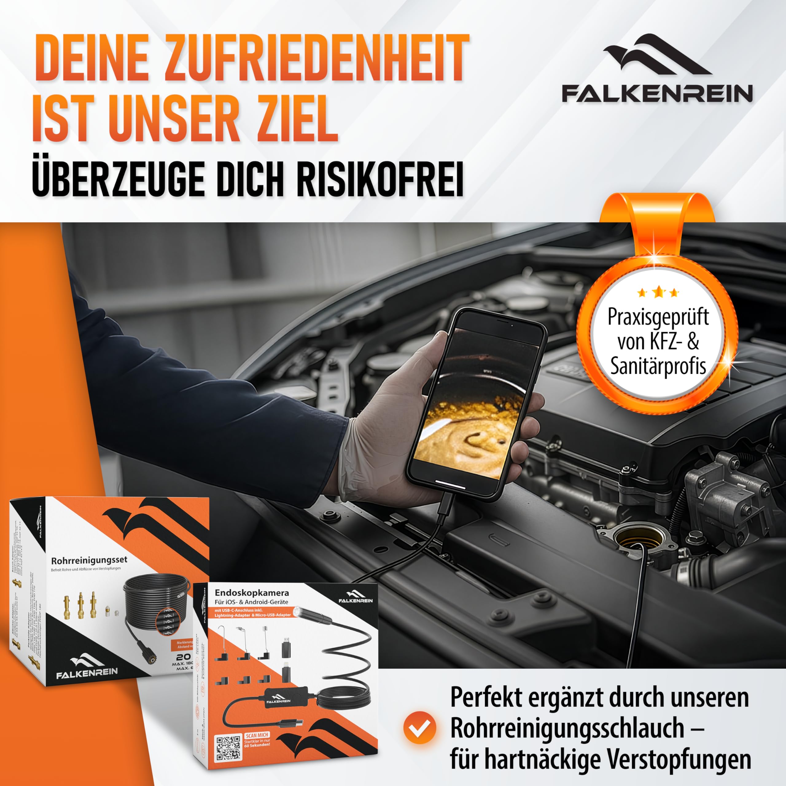 Smart Inspect Set – fotocamera endoscopio con luce e pratici accessori, compatibile con iOS e Android, fotocamera endoscopio di alta qualità per ispezioni senza sforzo di scarico, auto