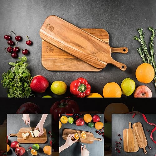 Vista 2 de Juego de tablas de cortar de madera con mango para cocina, grandes y pequeñas, 2 paquetes de tablas de cortar de madera de acacia para carne, queso