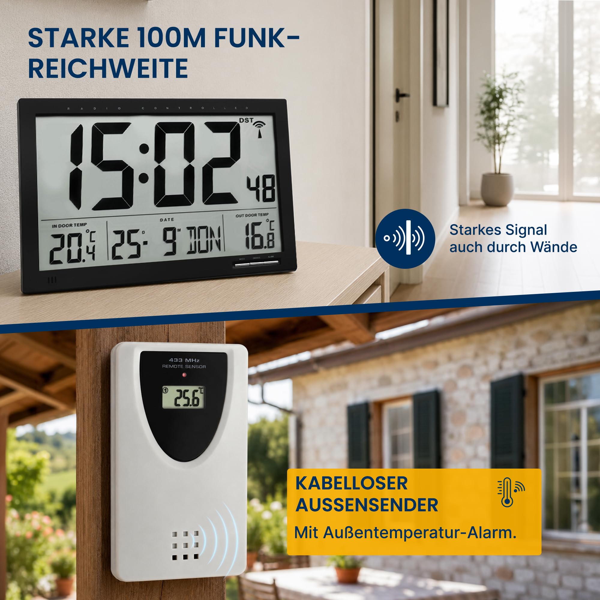 TFA Dostmann Digitale XL-Funkuhr, mit Außen-und Innentemperatur, Wanduhr, gut ablesbar, schwarz, 60.4510, L 370 x B 29 (90) x H 230 mm, 60.4510.01