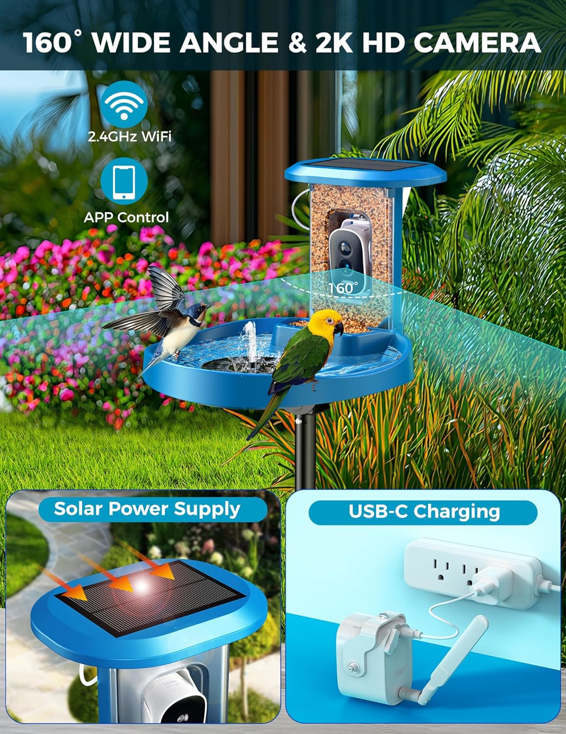 EAST OAK Smart Bird Feeder with Camera and Bird Bath 2-in-1, 160°Wide View 2K Ultra HD Live Camera with AI Identify 11000+ Species, Auto Capture & Real-time Notifications, Ideal Gift for Lover, Parent - Image 3