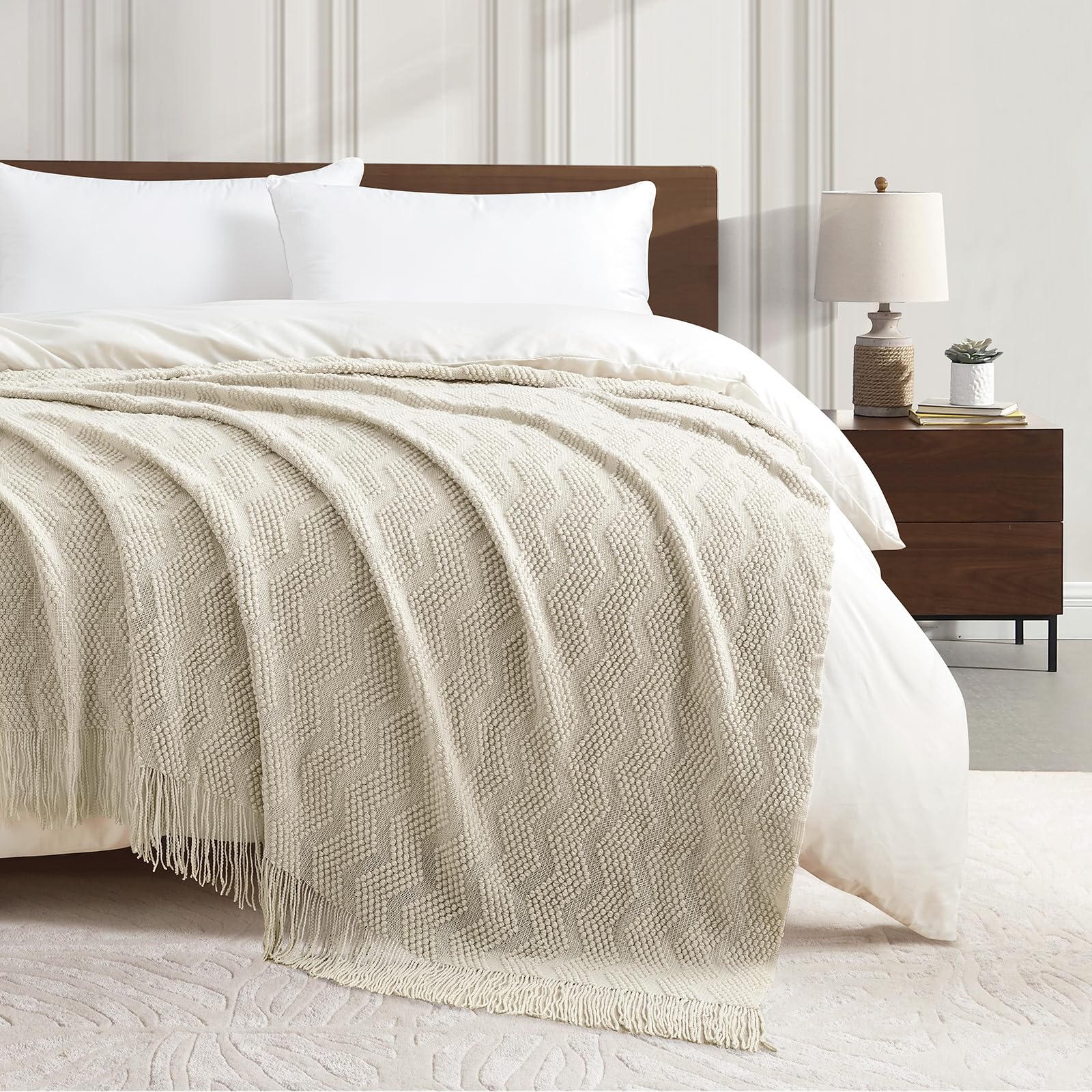 BOURINA Ripple Textured Knitted Throw Blanket Beige 127×152cm