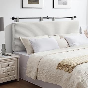 UEV King Headboard Only, Wall Mounted Hanging Upholstered Bed Head Board, Modern Vertical Channel Design of Fine Flannel, Elegant Beige Fluted Headboard for Bedroom Beige, King Size