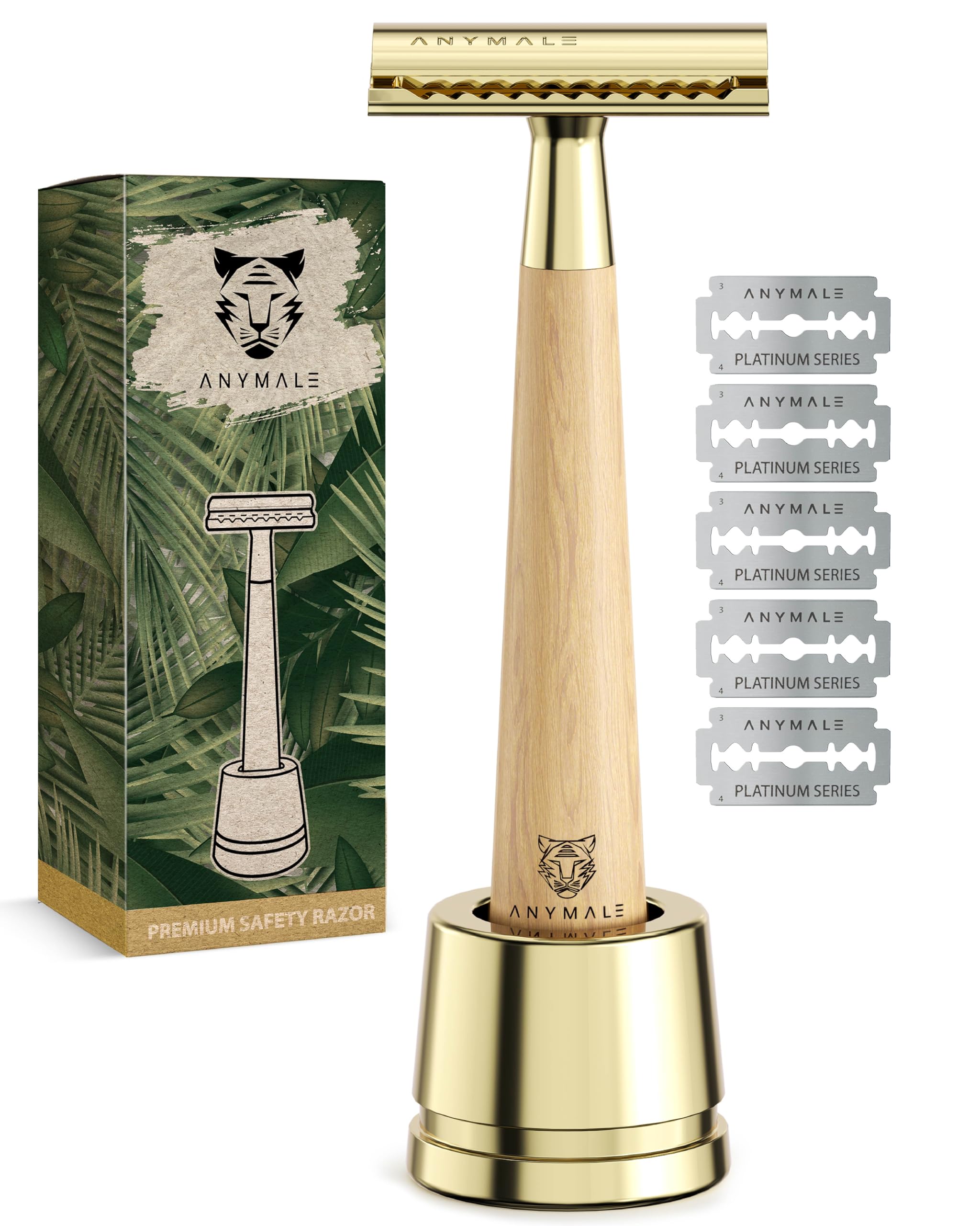 ANYMALE® Rasierhobel „Midnight“ für Damen & Herren Griff aus Holz inkl. Rasier-Ständer - Nassrasierer & Rasierer Metall mit 5 Klingen - Herren-Rasierer, Klingenrasierer & Safety Razor