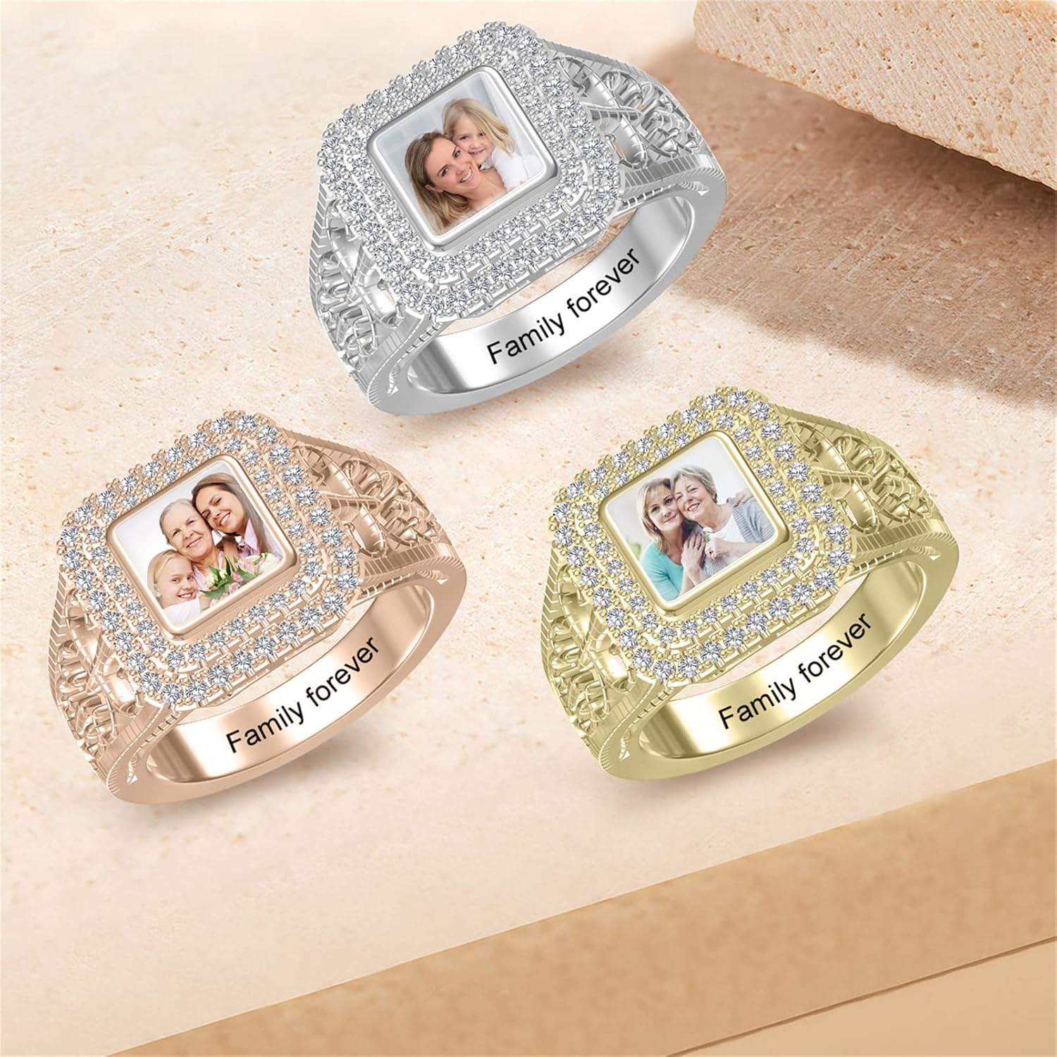 Customized Photo Ring Square/Heart Chunky Band Ring 925 Sterling Silver Personalized Picture Ring Promise Rings Anniversary Jewelry Gift For Her Women Inside Engraving