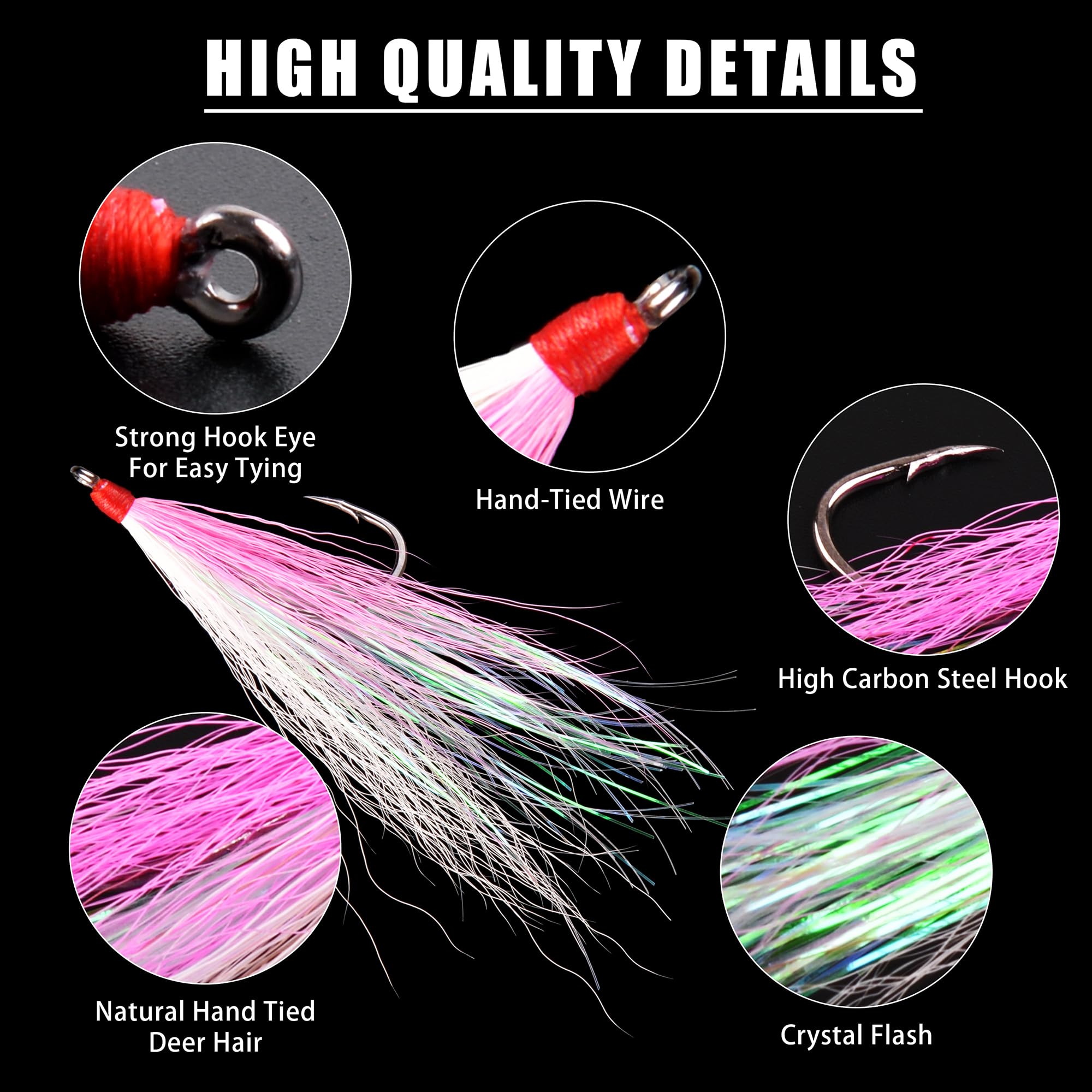 10 Stück Bucktail Teaser mit Angelhaken, 5 Farben, Angelköder, Bucktail Crastal Mylar, Blitzröcke für Salmom Forelle